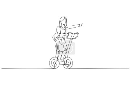 Téléchargez les illustrations : Illustration de femme d'affaires avec cape équitation segway. métaphore pour utiliser des outils. Style d'art en ligne continue unique - en licence libre de droit