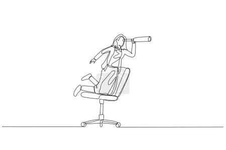 Illustration for Drawing of businesswoman riding office chair using telescope. metaphor for business vision. One line art style - Royalty Free Image
