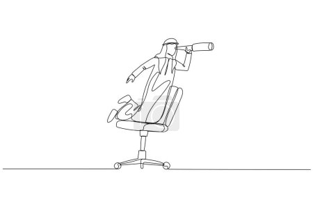 Ilustración de Ilustración de hombre de negocios árabe montando silla de oficina usando telescopio. metáfora de la visión empresarial. Estilo de arte de línea continua única - Imagen libre de derechos