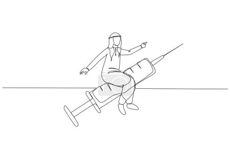 Illustration for Drawing of arab businessman riding syringe moving fast. metaphor for healthy. Single line art style - Royalty Free Image