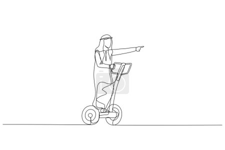 Téléchargez les illustrations : Caricature de l'homme d'affaires arabe avec cape équitation segway. métaphore pour utiliser des outils. Style d'art en ligne continue unique - en licence libre de droit