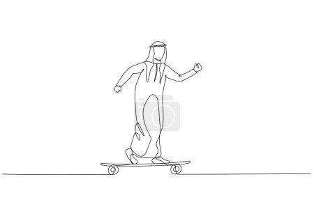 Téléchargez les illustrations : Illustration d'un homme d'affaires arabe faisant du skateboard. métaphore pour les jeunes faisant des affaires. Un style de ligne art - en licence libre de droit