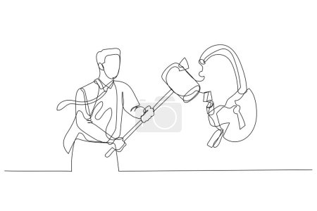 Téléchargez les illustrations : Illustration of businessman with hammer smash padlock. Concept of problem solving. Single line art style - en licence libre de droit