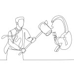 Illustration of businessman with hammer smash padlock. Concept of problem solving. Single line art style