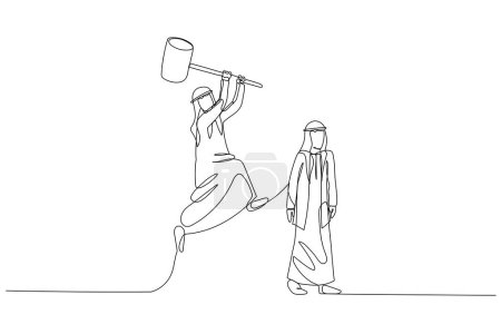 Illustration for Drawing of arab businessman try to hit boss. Concept of stress at work. Single line art style - Royalty Free Image