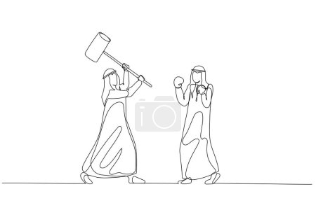Illustration for Cartoon of arab businessman try to fight colleague with blunt weapon. Concept of human resource competition. Single continuous line art style - Royalty Free Image
