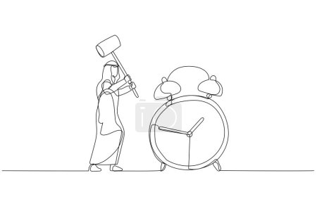Téléchargez les illustrations : Cartoon of arab businessman with hammer try to break alarm clock. Concept of deadline. Single continuous line art - en licence libre de droit