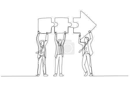 Photo for Cartoon of businessman and coworkers connecting arrow jigsaw. Concept of problem solving. One continuous line art style - Royalty Free Image