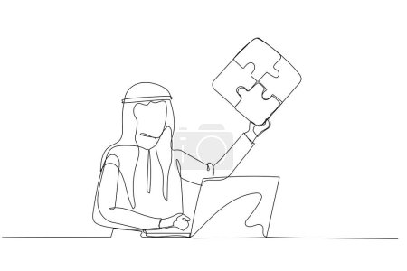 Illustration for Cartoon of arab businessman showing puzzle that connected. Concept of teamwork. Single continuous line art style - Royalty Free Image