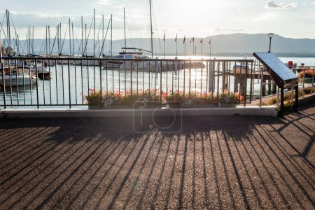 La luz del sol se filtra a través de un puerto deportivo en el lago Leman, proyectando largas sombras en el pavimento, mientras los barcos se balancean suavemente en las aguas tranquilas, bordeadas por flores vibrantes..