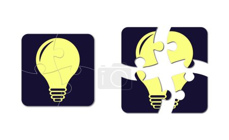 Téléchargez les illustrations : Puzzles avec une lampe jaune. Concept d'idée lumineuse. Résoudre des problèmes dans les affaires. Innovation et travail d'équipe en entreprise. Idée créative concept de remue-méninges. Recherche de solutions, innovation. - en licence libre de droit