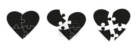 Téléchargez les illustrations : Ensemble de pièces de puzzle en forme de coeur noir. Puzzle puzzle sur fond blanc. Symbole de la Saint Valentin. Pièces symboliques du puzzle de l'autisme. Illustration vectorielle - en licence libre de droit