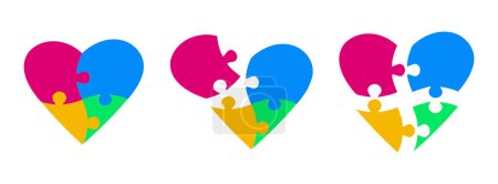 Téléchargez les illustrations : Ensemble de pièces de puzzle multicolores en forme de coeur. Puzzle puzzle sur fond blanc. Symbole de la Saint Valentin. Pièces symboliques du puzzle de l'autisme. Illustration vectorielle - en licence libre de droit