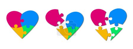 Téléchargez les illustrations : Ensemble de pièces de puzzle multicolores en forme de coeur. Puzzle puzzle sur fond blanc. Symbole de la Saint Valentin. Pièces symboliques du puzzle de l'autisme. Illustration vectorielle - en licence libre de droit