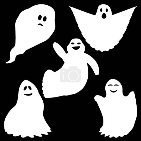 Ilustración de Vector conjunto de fantasmas blancos. Monstruo espeluznante de Halloween, espíritu aterrador o poltergeist volando en la noche. - Imagen libre de derechos