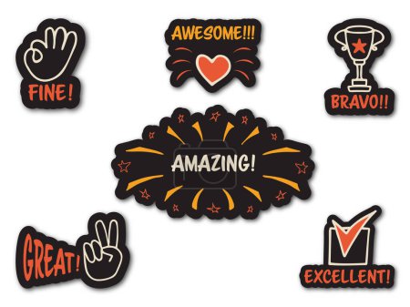 Set of colorful stickers with inspirational and motivational, positive slogans, phrases, compliments, lettering quotes. Hand drawn vector doodles in flat style, sketch style.