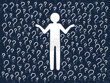 Illustration for Confused Person silhouette thinking in a thoughtful pose on background of a pattern of hand-drawn question marks. Choice, problem solving concept. Vector people character illustration in line style - Royalty Free Image