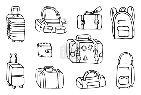 Symbolset von handgezeichneten Vektor-Doodles für Reisegepäck im Reihenstil. Sammlung von Ikonen verschiedener Reisetaschen in verschiedenen Formen und Stilen für Ausflüge. Linienkontur im Skizzenstil.