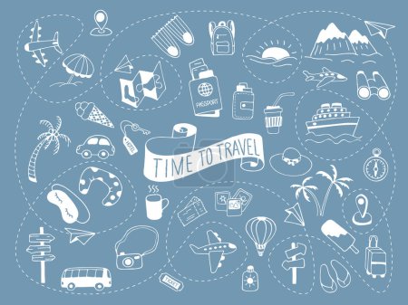 Time to travel. Icon set of elements for summer vacation travel, hand drawn vector doodles in line style. Line contour  in sketch style.