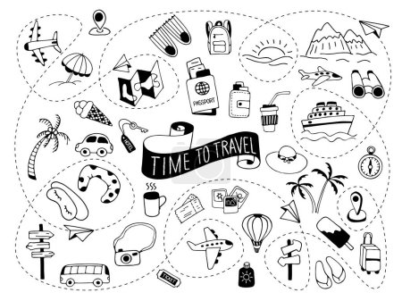 Time to travel. Icon set of elements for summer vacation travel, hand drawn vector doodles in line style. Line contour  in sketch style.