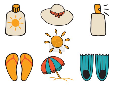 Set de iconos para vacaciones de verano, viajes, elementos de playa. garabatos vectoriales dibujados a mano en estilo plano.
