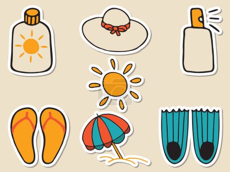 Aufkleber-Set für Sommerurlaub, Reisen, Strand-Elemente. Handgezeichnete Vektor-Doodles im flachen Stil.