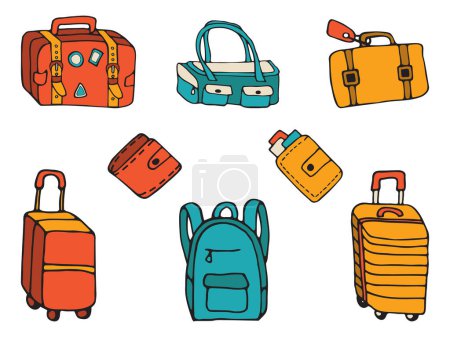 Icon set of traveling luggage hand drawn vector doodles in flat style. Collection icons of various travel bags of different shapes and styles for trips.