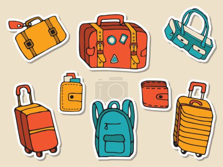 Stickers set of traveling luggage hand drawn vector doodles in flat style. Collection icons of various travel bags of different shapes and styles for trips.