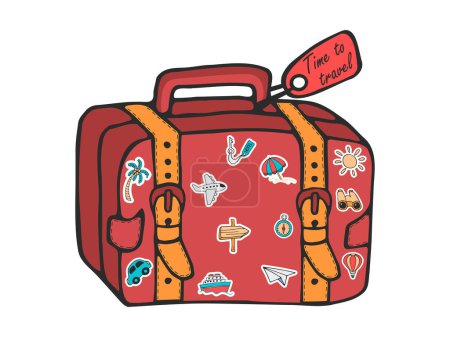 Retro suitcase of a traveler with travel stickers. Vector vintage travel bag. Icon set of elements for summer vacation travel. Hand drawn vector doodles in flat style on transparent background