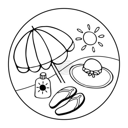 Motivation vectorielle emblème avec soleil, parasol, chapeau, flipflop, crème solaire pour les vacances d'été, Voyage, éléments de plage. griffes vectorielles dessinées à la main dans le style ligne. Contour de ligne dans le style croquis.
