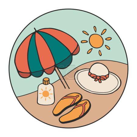 Vector motivational emblem with sun, Beach umbrella, hat, flipflop, sunscreen for Summer vacation, travel, beach elements. Hand drawn vector doodles in flat style.