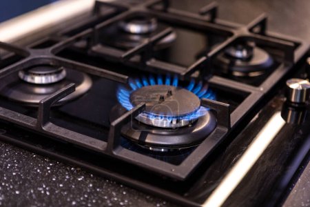 Photo for Photo of working gas-stove with blue flame. Gas crisis and high prices concept - Royalty Free Image