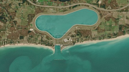 Photo for Pumped storage hydropower plant, upper reservoir, lower reservoir and Lake Michigan, looking down aerial view from above - birds eye view Ludington Pumped Storage Power Plant  Michigan, USA - Royalty Free Image