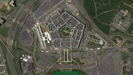 Pentagon in Washington building looking down aerial view from above, Birds eye view Pentagon, Washington, USA