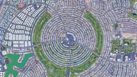Foto de Sun City vista de pájaro, un suburbio en forma circular de Phoenix, mirando hacia abajo vista aérea desde arriba ciudad circular Arizona, EE.UU. - Imagen libre de derechos