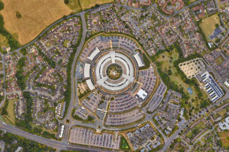 Photo for Government Communications Headquarters - GCHQ looking down aerial view from above  Birds eye view GCHQ, Cheltenham, UK - Royalty Free Image