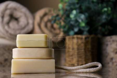 Photo for Close up of handmade soap bars, blurred background with copy space . High quality photo - Royalty Free Image