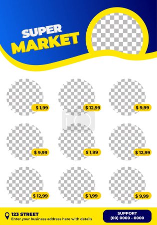 Ilustración de Plantilla de folleto para el mercado y el comercio, amarillo y azul, editable eps vector. - Imagen libre de derechos