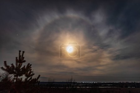 A halo around the Moon in the night sky is a light optical phenomenon resulting from the refraction of moonlight in a cloud. Night landscape in the countryside with lunar halo