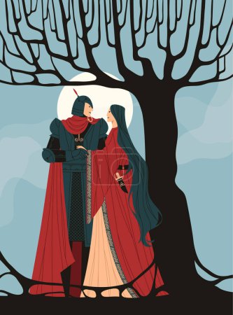 Téléchargez les illustrations : Illustration vectorielle de couple. Le chevalier et la dame se regardent. Fantasme, médiéval. Caractère design - en licence libre de droit