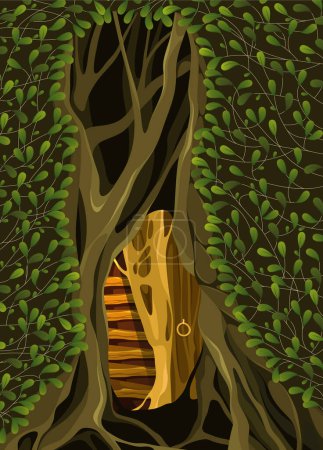 Vector cartoon illustration of a tree with leaves. Hollow, house of fairies. Fantasy art.
