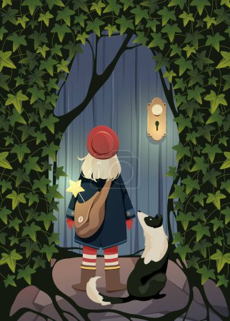 Téléchargez les illustrations : Illustration vectorielle de la fille et du chien qui se tiennent devant l'ancienne porte. Ivy. Caractère design - en licence libre de droit