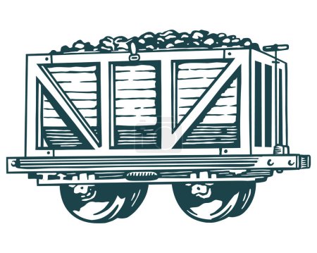 Téléchargez les illustrations : Chariot minier en bois vintage - illustration dessinée à la main - en licence libre de droit