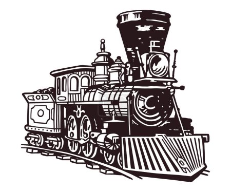 Téléchargez les illustrations : Transport de locomotives à vapeur rétro - illustration dessinée à la main - en licence libre de droit