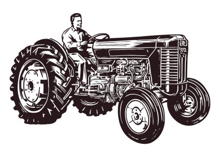Bauer am Steuer eines alten Traktors - handgezeichnete Illustration