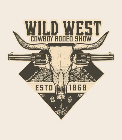 Téléchargez les illustrations : Wild west coowboy rodeo show - Taureau crâne, pistolet et bandana rouge - T-Shirt design - illustration vectorielle - Version blanche - en licence libre de droit
