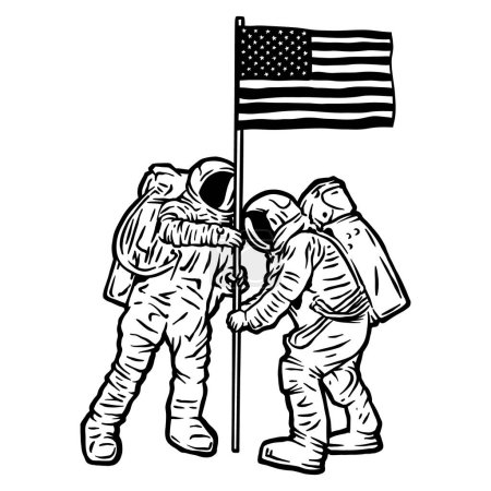 Illustration for Astronauts with american flag standing on moon - Royalty Free Image