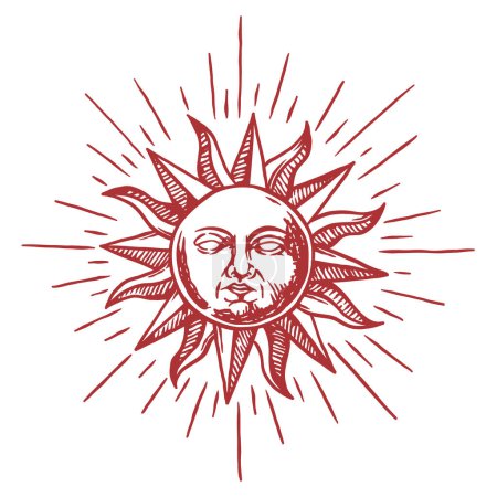 Foto de Sol dibujado a mano con cara, elemento decorativo. Símbolo astrológico en estilo grabado vintage aislado sobre fondo blanco - Imagen libre de derechos