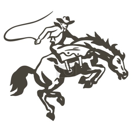 Ilustración de Cowboy monta un bronco en bucle en una actuación de rodeo - ilustración vectorial - Imagen libre de derechos