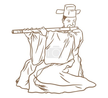 Téléchargez les illustrations : Musique traditionnelle coréenne - Musiciens jouant de la flûte de bambou - en licence libre de droit